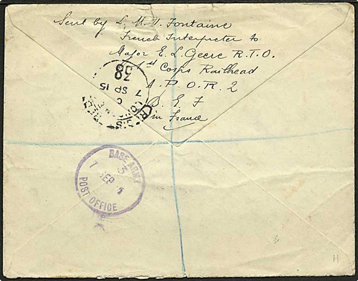 2d George V på anbefalet feltpostbrev stemplet Army Post Office R.2 (2nd Corps Railhead) d. 6.9.1915 via Base Army Post Office 3 til London. Fra fransk tolk ved de britiske styrker på Vestfronten.
