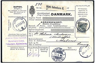 2 kr. Chr. X single på internationalt adressekort for pakke fra Kjøbenhavn 8 d. 16.9.1925 til Malmö, Sverige.