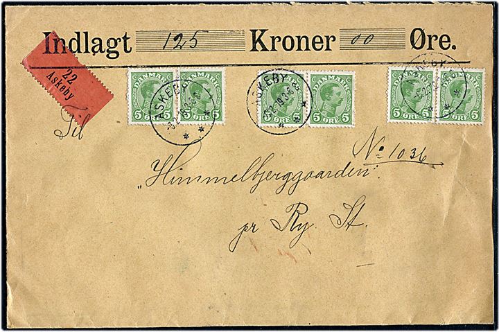 5 øre Chr. X (6) på værdibrev annulleret med brotype IIIb Askeby d. 6.2.1918 til Himmelbjerggaarden pr. Ry St. 
