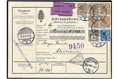 3 øre Bølgelinie, 20 øre og 1 kr. (5) Chr. X på 523 øre frankeret internationalt adressekort for værdipakke fra Kjøbenhavn d. 19.9.1914 til Christiania, Norge.
