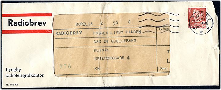 30 øre Fr. IX på Radiobrev rudekuvert fra Lyngby Radio stemplet Lyngby d. 8.1.1953 til København. Indeholder Radiobrev formular med meddelelse fra M/S Morelia.