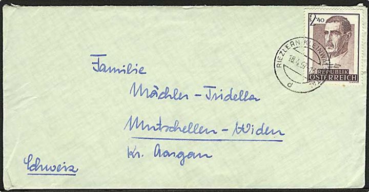 2,40 sh. Julius Wagner-Jeureggs på brev stemplet Riezlern/Kleinwalsertal d. 18.4.1957 til Schweiz. 