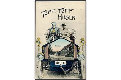 Vejle, Tøff-Tøff Hilsen med automobil og prospekt fra Greisdalen. A. Vincent u/no.
