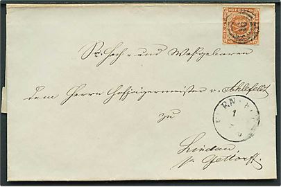 4 sk. 1854 udg. på brev annulleret med nr.stempel 16 og sidestemplet med svagt antiqua Flensburg d. 1.x.18xx til Lindau pr. Gettorf.