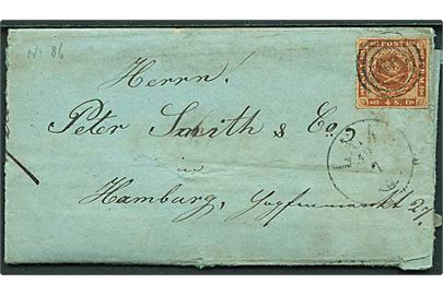 4 sk. 1858 på brev med indhold dateret Achtrup annulleret med nr.stempel 86 og sidestemplet antiqua Læk d. 18.7.1863 til Hamburg.