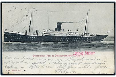 Oscar II, S/S, Skandinavien Amerika Linie. Overstemplet med skibsnavn: United States. Stenders no. 1724.