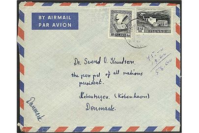 2,45 kr. Kraftværk og 10 aur Håndskrift på luftpostbrev fra Hafnarfjördur 1958 til København, Danmark.