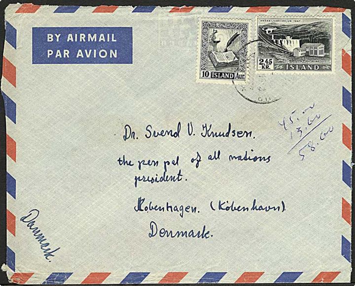 2,45 kr. Kraftværk og 10 aur Håndskrift på luftpostbrev fra Hafnarfjördur 1958 til København, Danmark.