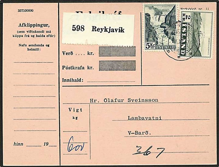 2 kr. Snæfellsjökull og 5 kr. Gullfoss på indenrigs adressekort for pakke fra Reykjavik d. 29.11.1957 til Patreksfjördur.