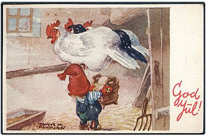 Trygve M. Davidsen: Julekort, Nisse henter æg hos hønsene. Eberh. B. Oppi serie 597/7.