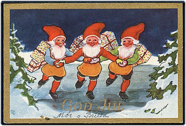 Julekort med 3 nisser med pakker. U/no. Sendt til Danmark i 1944 med censur. 
