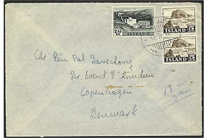 2,45 kr. Kraftværk og 5 aur Erhverv i parstykke på brev fra Reykjavik d. 12.4.1958 til København, Danmark.