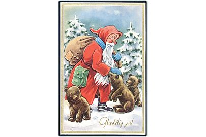 Julekort. Julemand med gavesæk og 3 bjørneunger. Stenders no. 5109/42.