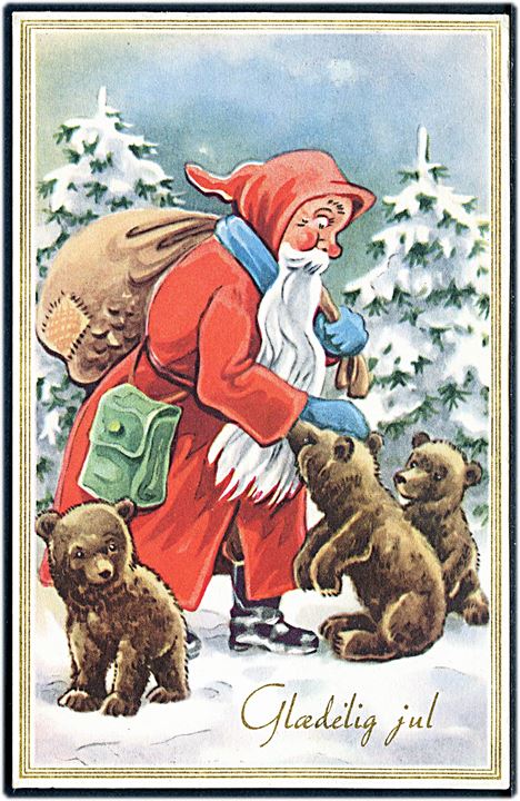 Julekort. Julemand med gavesæk og 3 bjørneunger. Stenders no. 5109/42.