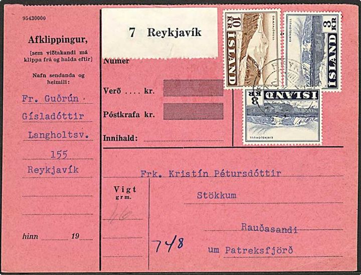3 kr. Eiriksjökull (2) og 10 kr. Öræfajökull på indenrigs adressekort for pakke fra Reykjavik d. 27.7.1958 til Petreksfjördur.