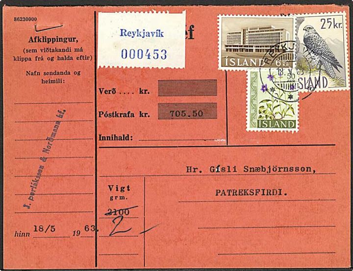50 aur Blomster, 6 kr. Universitet og 25 kr. Islandsk falk på indenrigs adressekort for pakke med opkrævning fra Reykjavik d. 18.5.1963 til Patreksfjördur.