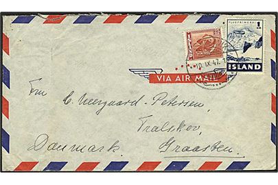 25 aur Torsk og 1 kr. Luftpost på luftpostbrev fra Reykjavik d. 10.9.1947 til Graasten, Danmark.
