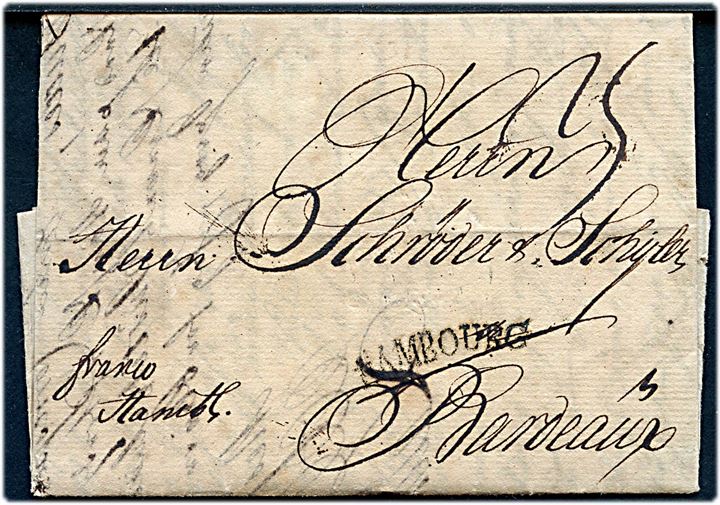 1753. Francobrev med indhold dateret i Kjøbenhavn d. 2.10.1753 påskrevet Franco Hamburg  til Bordeaux, Frankrig. Sort liniestempel HAMBOURG.