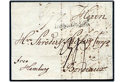 1793. Francobrev med indhold dateret i Flensburg d. 23.2.1793 påskrevet Frco Hamburg og stemplet DÆNEMARK til Bordeaux, Frankrig. Fransk porto 34 sol betalt af modtager.