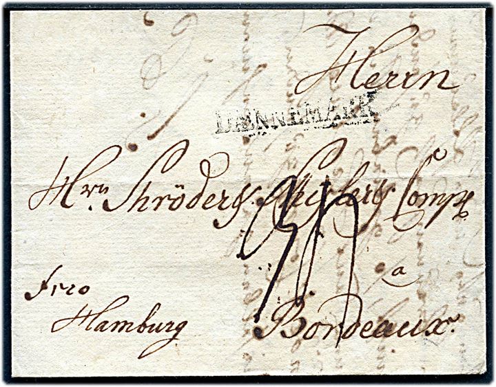 1793. Francobrev med indhold dateret i Flensburg d. 23.2.1793 påskrevet Frco Hamburg og stemplet DÆNEMARK til Bordeaux, Frankrig. Fransk porto 34 sol betalt af modtager.