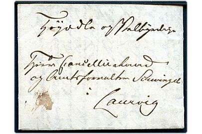 1802. Portobrev med indhold dateret i Kjøbenhavn d. 27.2.1802 til Hr. Cancelliraad og Amtsforvalter Schwingel i Laurvig, Norge. Modtager betalt 48 sk. spec.