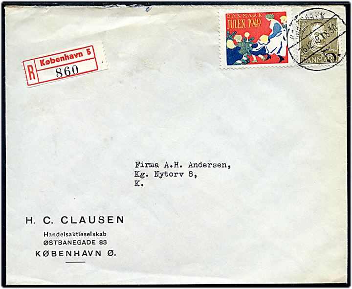 45 øre Chr. X single og Julemærke 1949 på anbefalet lokalbrev i København d. 16.12.1949.