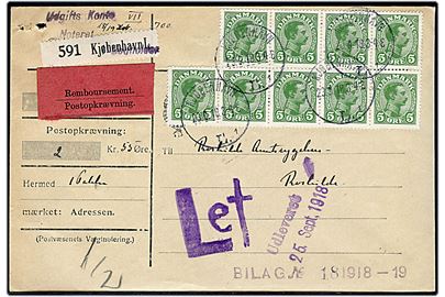 5 øre Chr. X (9) på 45 øre frankeret adressebrev for pakke med postopkrævning fra Kjøbenhavn L. d. 23.9.1918 til Roskilde. Primitivt violet stempel Let. 