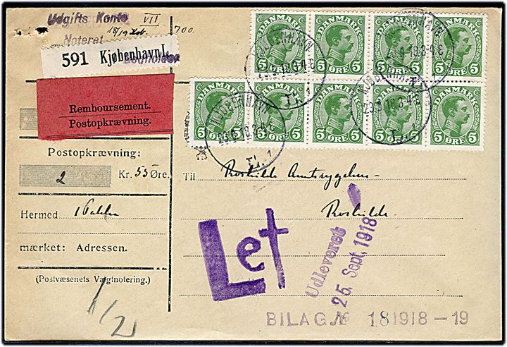 5 øre Chr. X (9) på 45 øre frankeret adressebrev for pakke med postopkrævning fra Kjøbenhavn L. d. 23.9.1918 til Roskilde. Primitivt violet stempel Let. 
