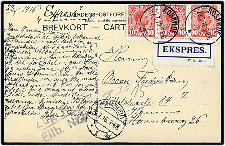 10 øre Chr. X (3) på 30 øre frankeret ekspres brevkort fra Roskilde d. 23.7.1916 til Hamburg, Tyskland. Befordret med intern rørpost fra Hamburg banegård til hovedpostkontoret med stempel Zug Nr. / Eilb. Nr.. 