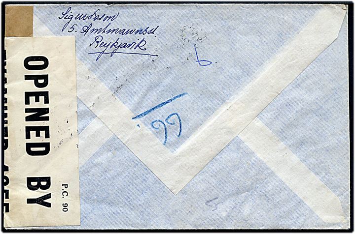 10 aur Uafhængighed og 50 aur Luftpost (3 - heraf 1 defekt) på 160 aur anbefalet luftpostbrev fra Reykjavik d. 29.1.1945 til Göteborg, Sverige. Åbnet af britisk censur PC90/4255