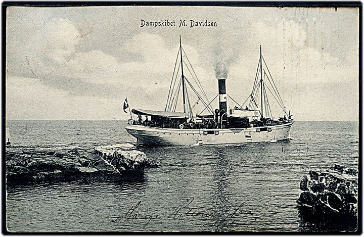 10 øre Fr. VIII på brevkort (Dampskibet M. Davidsen) fra Sveneke d. 15.10.1907 til sømand ombord på den norske bark Ursus Minor af Kragerø, Kapt. H.A.O. Stærk, via Weltevreden til Anjer, Java i Hollandsk Ostindien. Ursus Minor blev i 1915 sænket af tysk ubåd U84 på rejse fra Fleetwood til Reykjavik, Island.