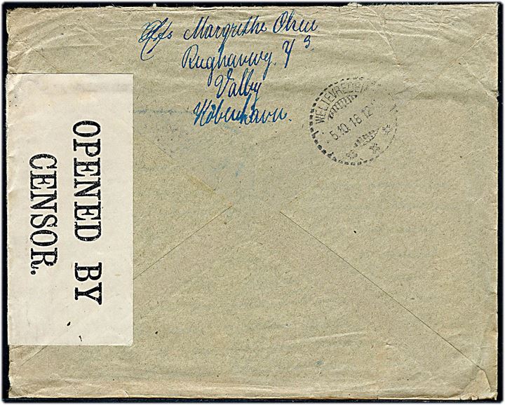 10 øre Chr. X i parstykke på brev fra Langebæk d. 22.7.1918 til dansk militær apoteker Thorkil Møller i Batavia, Java, Hollandsk Ostindien. Åbnet af britisk censur no. 4851. Nusset.