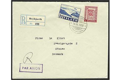 3,30 kr. Luftpost og 1 kr. Håndskrift på anbefalet luftpostbrev fra Reykjavik d. 18.9.1956 til Odense, Danmark.