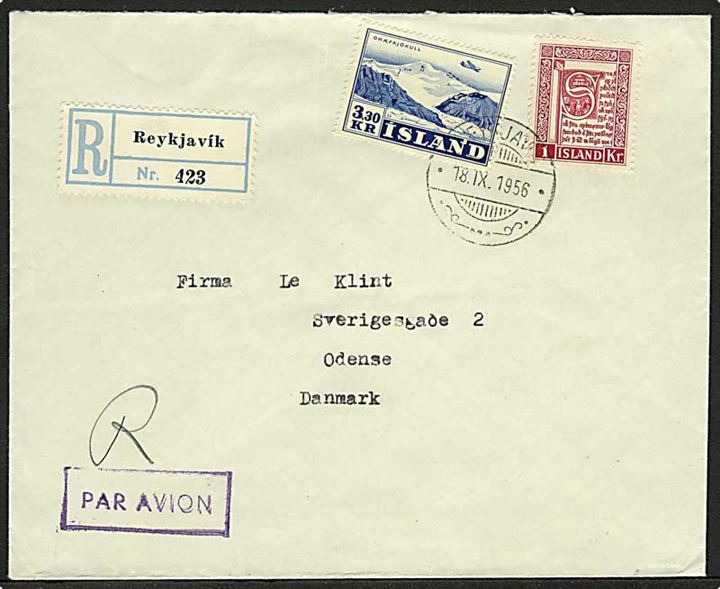 3,30 kr. Luftpost og 1 kr. Håndskrift på anbefalet luftpostbrev fra Reykjavik d. 18.9.1956 til Odense, Danmark.