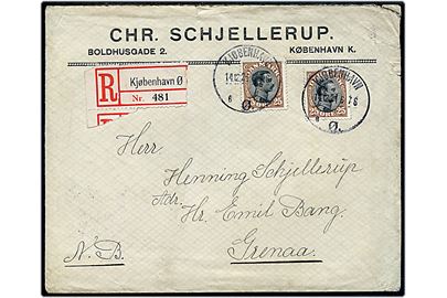 25 øre Chr. X (2) på anbefalet brev fra Kjøbenhavn d. 14.12.1921 til Grenaa.