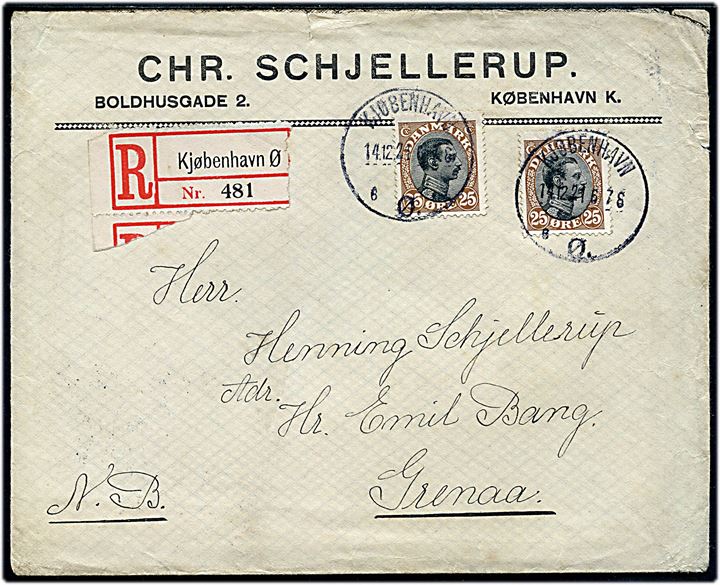 25 øre Chr. X (2) på anbefalet brev fra Kjøbenhavn d. 14.12.1921 til Grenaa.