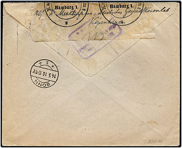 35 øre Chr. X single på anbefalet brev fra tyske Generalkonsulat i København d. 10.5.1918 til Bonn, Tyskland. Åbnet af tysk censur i Hamburg.