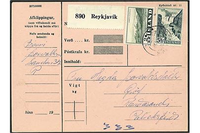 2 kr. Snæfellsjökull og 5 kr. Gullfoss på indenrigs adressekort for pakke fra Reykjavik d. x.3.1956 til Patreksfjördur.