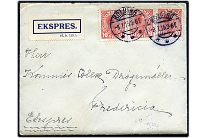 10 øre Chr. X (3) på 30 øre frankeret ekspresbrev fra Kolding d. 8.7.1915 til Fredericia.