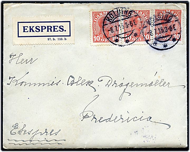 10 øre Chr. X (3) på 30 øre frankeret ekspresbrev fra Kolding d. 8.7.1915 til Fredericia.