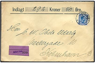 20 øre Chr. X single på værdibrev annulleret med brotype IIa Anholt Havn d. 2?.11.1914 til Køenhavn. Ank.stemplet ved Kjøbenhavns Pengepostkontor d. 2.12.1914. 