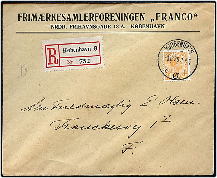 40 øre Chr. X single på anbefalet lokalbrev i Kjøbenhavn d. 3.12.1925.