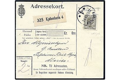 50 øre Chr. X single på adressekort for pakke fra Kjøbenhavn d. 23.11.1926 til Maribo.