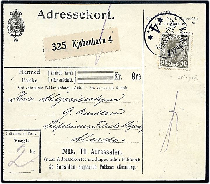 50 øre Chr. X single på adressekort for pakke fra Kjøbenhavn d. 23.11.1926 til Maribo.