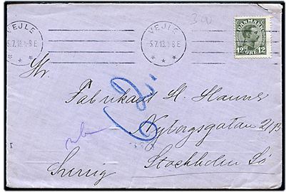 12 øre Chr. X single på brev fra Vejle d. 5.7.1918 til Stockholm, Sverige.