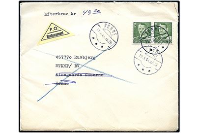 70 øre Fr. IX i parstykke på brev med postopkrævning fra Rønne d. 10.1.1961 til soldat på Almegaards Kaserne pr. Rønne. Retur d. 19.1.1961.