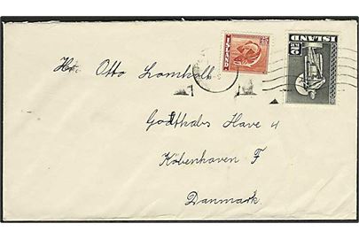 25 aur Torsk og 2 kr. Karlsefni på brev fra Reykjavik 1947 til København, Danmark. På bagsiden mærkat fra Thorvaldsen Foreningen 1947. 