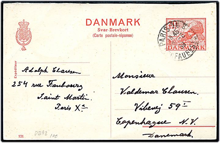 20 øre svardel af dobbelt helsagsbrevkort (fabr. 121) anvendt fra Paris d. 18.8.1939 til København.
