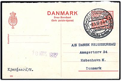 20 øre svardel af dobbelt helsagsbrevkort (fabr. 121) annulleret med tysk stempel i Warnemünde d. 8.3.1937 til København, Danmark.
