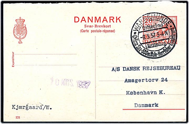 20 øre svardel af dobbelt helsagsbrevkort (fabr. 121) annulleret med tysk stempel i Warnemünde d. 8.3.1937 til København, Danmark.